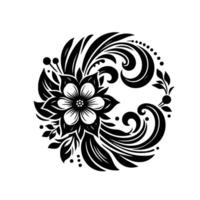 Intricate Black and White Floral A symmetrical, stylized flower arrangement with leaves and curls, forming a circular pattern on a white background. vector