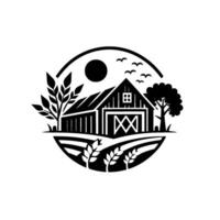 Black and white minimalist illustration of a farm scene, featuring a barn, crops, sun, trees, and birds within a circular frame. vector