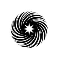 Black and white featuring a swirling vortex with a central eightpointed star and surrounding smaller stars, creating a dynamic, cosmic composition. vector