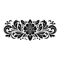 Symmetrical black floral with central flower, leaves, swirls, and dots, on a white background, illustrating elegance and decorative potential. vector