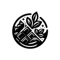 Monochrome Artistic Circular Composition of Chocolate Bar, Berries, and Leaves, Representing Natural Ingredients and Craftsmanship. vector