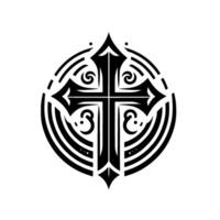 Intricately Designed Black and White Cross Within a Circular Ornamentation, Featuring Ornate Details and Symmetric Arrangement. vector