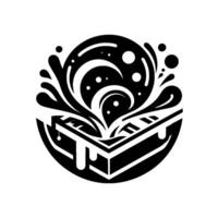 Abstract Black and White Composition A stylized open box with flowing organic shapes erupting upwards into a sphere, creating a dynamic visual balance. vector