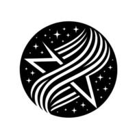 Bold Black and White Celestial Emblem A Star Within a Sphere, Featuring Trails and Starry Night . vector