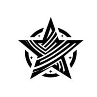 Abstract Black and White Star with Geometric Lines Enclosed in a Circle and Star Symbols on a White Background. vector