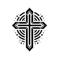A Geometric Black Cross A symmetrical, stylized cross encircled by a pattern of concentric arcs and dots, isolated against a stark white background. vector
