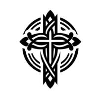 Symmetrical Black Celtic Cross , Intricate Knotwork within a Circle, on White Backdrop, Religious Symbol. vector