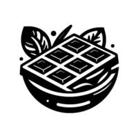 Black and White Waffle Illustration with Leaves Minimalist food art featuring a square waffle, embellished with decorative leaves and dots, embodying simplicity. vector