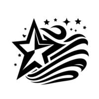 Bold Black and White Emblem Large Star and Smaller Stars With Swirling Abstract Streamers on White Background. vector