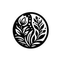 Black and White Floral Yin Yang Composition with a stylized tulip, foliage, and dots within a circular frame, representing balance and harmony. vector