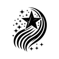 Black and white star illustration featuring a large, fivepointed star trailing stylized curved lines and surrounding stars on a white background. vector