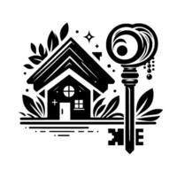 Black and White Home with Decorative Key, Leafy Embellishments, and Celestial Elements, Representing Real Estate, Security, and New Beginnings. vector