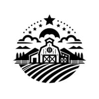 Rustic black and white featuring a barn, field, mountain silhouettes, clouds, stars, and an umbrella motif, creating a farm scene . vector
