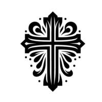 Ornate Black Cross on White Background Decorative and Symmetrical Featuring Floral and Curvilinear Elements. vector