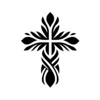 Intricate Black Floral Cross on White Background A Detailed Symbolic Representation with Abstract Leaf and Curve Elements. vector