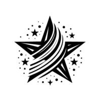 Black and white illustration featuring a large star with a flowing , complemented by smaller stars and dots. vector