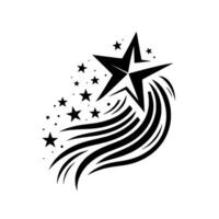 A stylized black and white illustration of a shooting star with multiple star elements and dynamic curved lines against a white background. vector