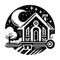 A stylized black and white illustration of a house on a key, set against a starry night sky with a crescent moon and tree, conveying a sense of home and security. vector