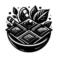 Stylized Monochrome Illustration of a Bowl Filled with Desserts, Leaves, and Orbs, in a Geometric Pattern vector