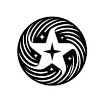 Black and white abstract illustration featuring a swirling, starshaped with radiating lines and embedded starbursts, set against a plain white background. vector