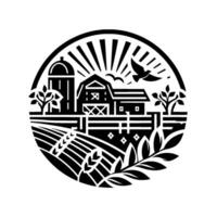 A stylized blackandwhite illustration inside a circular frame of a farm scene, with barn, silo, fields, fence, sunburst, and a flying bird. vector