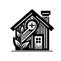 Stylized Black White Illustration of a House Featuring a Medical Cross, Surrounded by Leafy Elements in a Modern, Minimalist . vector