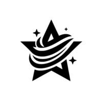 A bold, stylized star with swirling, ribbonlike elements, set against a minimalist white backdrop, complemented by sparkles. vector