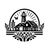 Black and White Farmhouse Seal with Lighthouse, Flying Bird, and Wheat Ears, Surrounded by Geometric Border, Symbolic of Nature vector