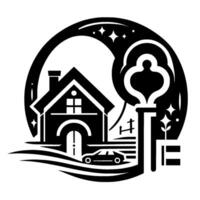 Symbolic illustration of a house, key, and car inside an orb, representing home, security, and journey. vector