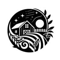 Black and white farm illustration, featuring a barn under a starlit night sky, surrounded by wheat, crops, and foliage within a circular frame. vector