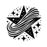 A black and white celestial illustration of a shooting star, adorned with two geometric stars, a curved stripe and other sparkling stars on a white background. vector