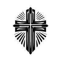 black and white illustration of a cross with an ornate, stylized, and rayed on a solid white background, symbolizing faith. vector
