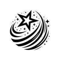 Black and White A Stylized Star at Center with Swirling Trail and Celestial Speckles, Abstract . vector