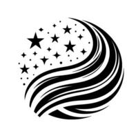 A stylized black and white circular , depicting flowing lines intertwined with stars and dots, symbolizing cosmic motion. vector