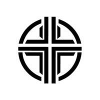 Abstract Geometric Cross Within a Circle, Bold Black and White Symbolizing Faith, Spirituality, and Interconnectedness on a Plain White Backdrop. vector