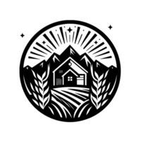 Monochrome emblem a farmhouse nestled in a mountain landscape, surrounded by wheat and radiating light, enclosed in a circle. vector