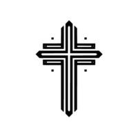 Geometric Black and White Cross with Sharp Angles and Parallel Lines on a White Background. vector