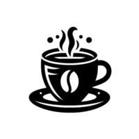 A Stylized, Black and White Coffee Cup with Steam, Saucer, and Coffee Bean Symbol, for Branding or Cafe . vector