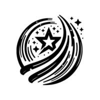 Black and White Starry Emblem A stylized star surrounded by dynamic strokes and celestial details in a minimalist . vector