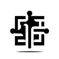 Abstract Black and White Square Puzzle Piece with HumanLike Figure in Center, and a D effect. vector