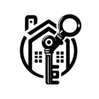 Symbolic Monochromatic Key and House Merged in Circular Frame, Represents Real Estate Concept. vector