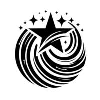 Black Starburst with Swirling Trails and Sparkles on White, Clean, Minimalist , Geometric, Modern. vector