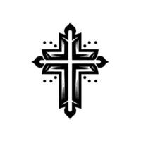 Ornate, Black and White Illustration of a Christian Cross with Leaf and Dot Decorations on White Background. vector