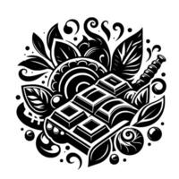 Elegant monochrome chocolate bar , intricate botanical frame with leaves, swirling patterns, and decorative embellishments, stylized illustration. vector