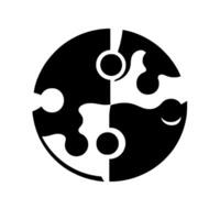A black and white circular puzzle composed of four interconnected pieces with organic, irregular shapes, and varying details forming a unified whole. vector