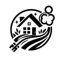 Black and White Emblem Cozy House, Key, and Clover Within a Circle, Suggesting Home, Security, and Nature. vector