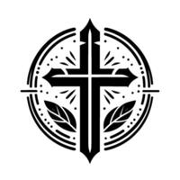 Ornate Black Cross Emblem Within a Circle, Featuring Decorative Leaves and Burst Symbols on White Background. vector