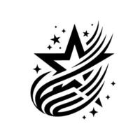 A stylized, black and white star emblem featuring a prominent, angular star with curved streaks and supporting smaller stars, set against a clean white backdrop. vector