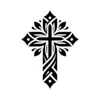 Intricate Black and White Ornamental Cross Featuring Leaves, Dots, and Geometric Shapes on White Background. vector