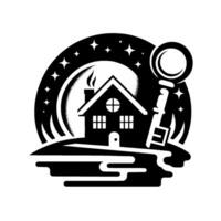 Black and White Silhouette Illustration A cozy house nestled on a hill under a starry night sky, with a key symbolizing home and security. vector